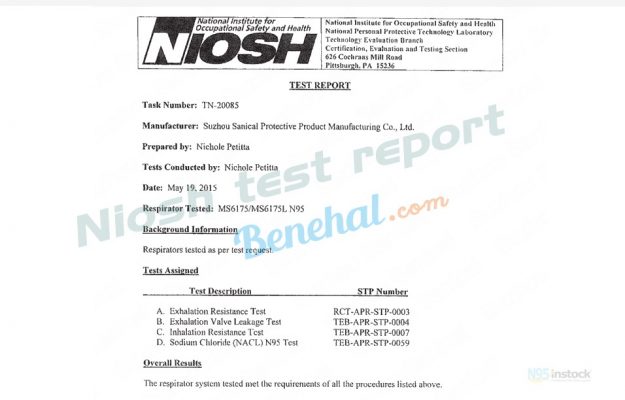 benehal ms6175 with niosh headband n95 mask original approved test report benehal 6175_08